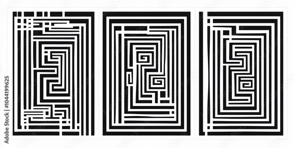 Fototapete black and white vector pattern design featuring three panels with simple lines and an abstract maze 