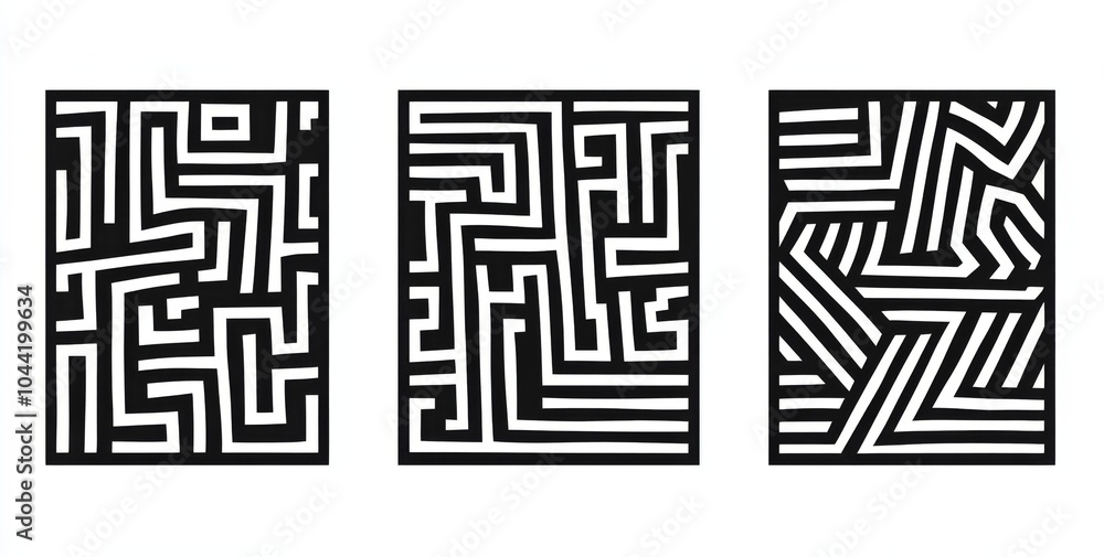 Poster black and white vector pattern design featuring three panels with simple lines and an abstract maze 