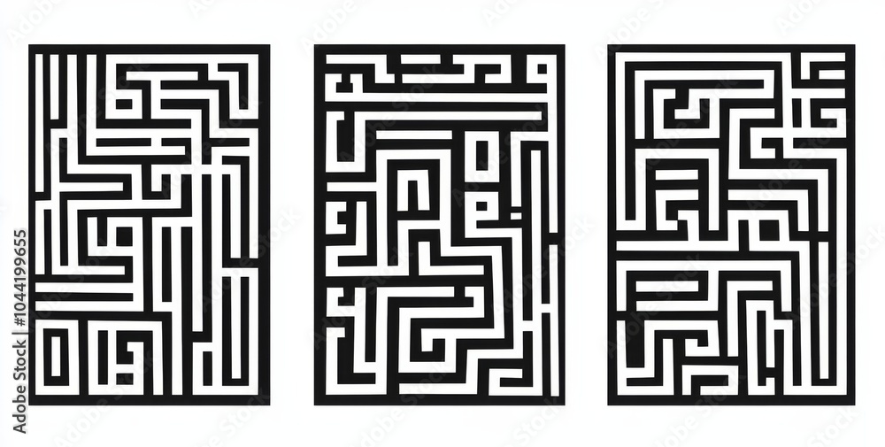 Poster black and white vector pattern design featuring three panels with simple lines and an abstract maze 