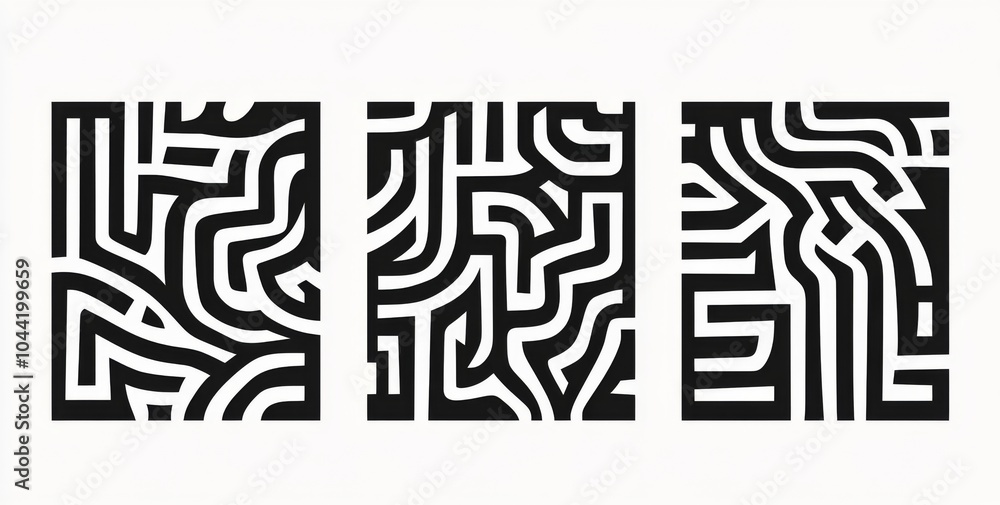 Poster black and white vector pattern design featuring three panels with simple lines and an abstract maze 
