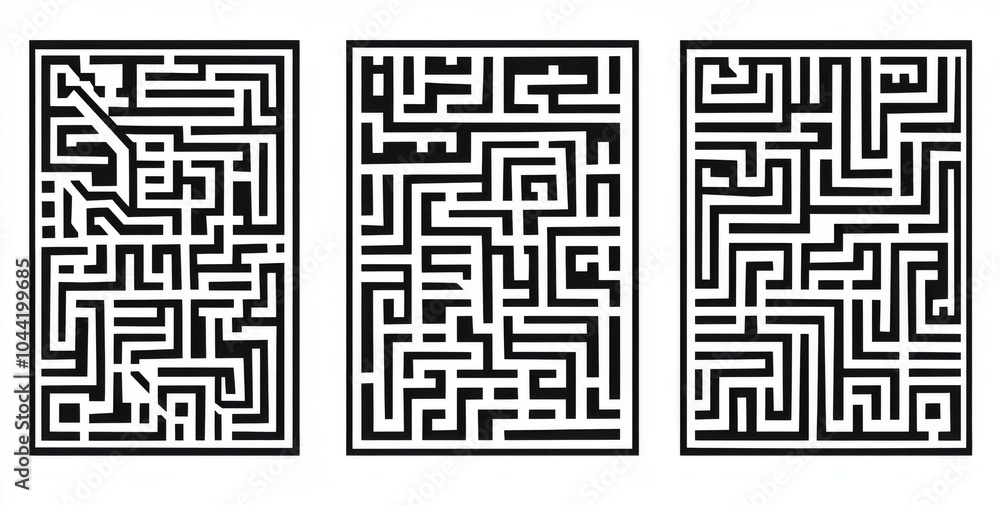 Poster black and white vector pattern design featuring three panels with simple lines and an abstract maze 