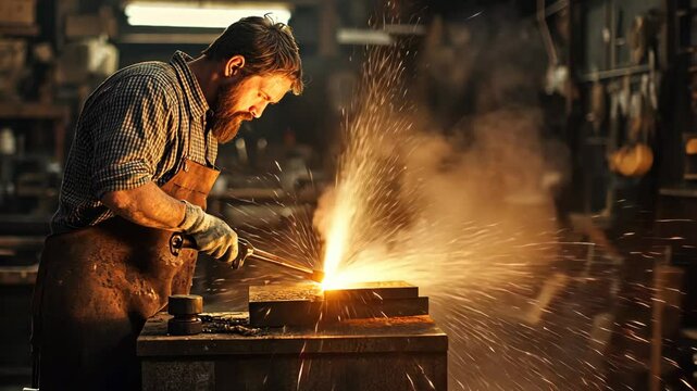 A blacksmith works on a piece of metal in his workshop, sparks flying as he uses a torch to heat the material