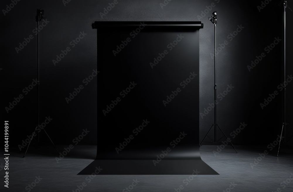 Aufkleber black roll-up banner illuminated by studio lights on an empty background