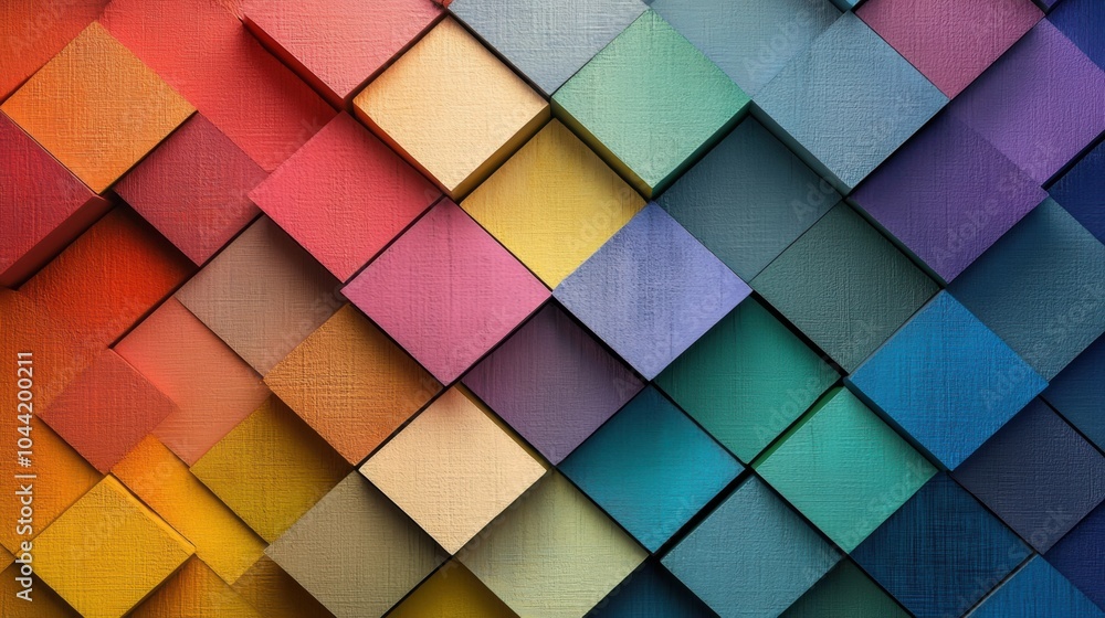 Fototapete An arrangement of squares and rhombuses in multiple shades creates an intricate pattern, showcasing dynamic geometric abstraction and color play. Generative AI