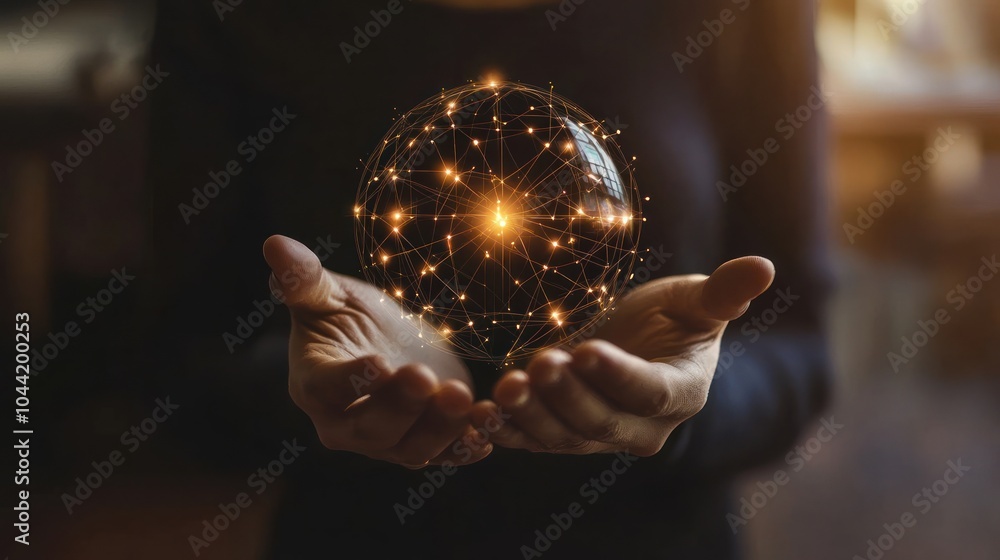 Poster a person holds a glowing orb with interconnected lines, symbolizing technology and connection.