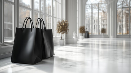 Stylish black bags on a white floor room