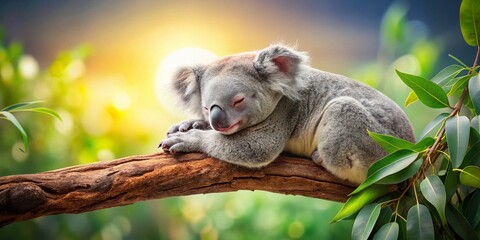 Fototapeta premium Koala Sleeping on a Tree Branch in Natural Habitat with Copy Space for Design Use