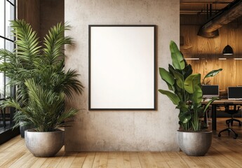 A blank white poster frame hanging on the wall of an office with light wood floors and concrete walls, featuring a conference room in the background, surrounded by large potted plants and desks 