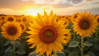 Obraz premium Sunflowers blooming in golden sunset light