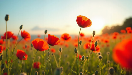 Fototapeta premium Vibrant red poppies blooming in sunset field