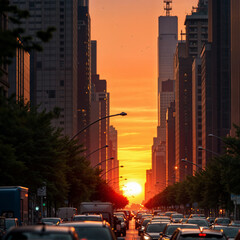 a bustling city street at sunset, with tall buildings lining the road and cars moving in both...