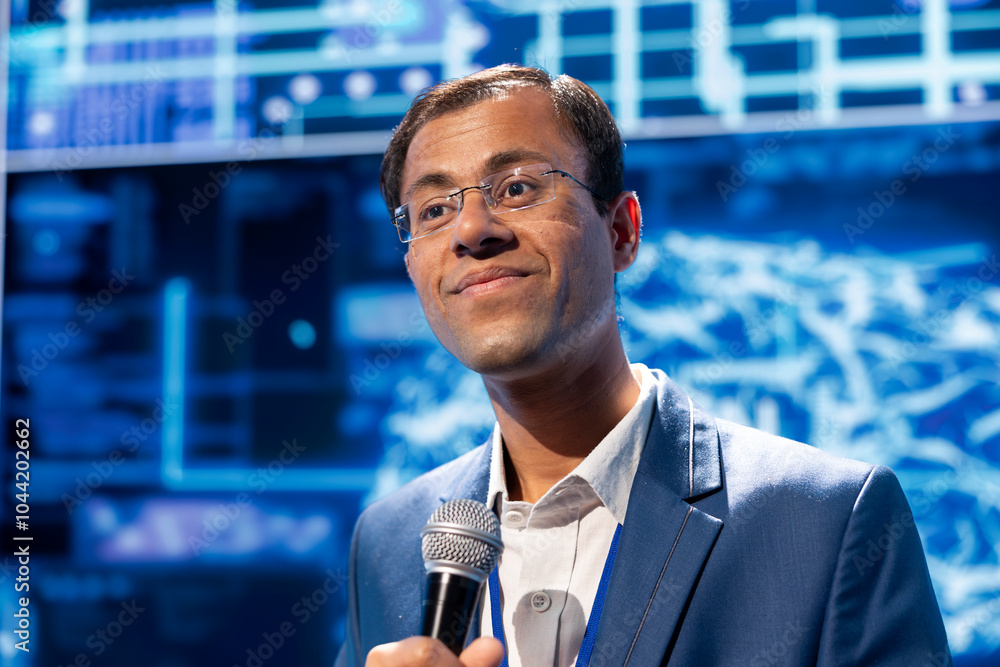 Poster speaker talking at tech conference, exploring latest ai technology trends, case studies, and use cas