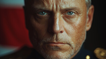 Face of a combat marine veteran against a flag