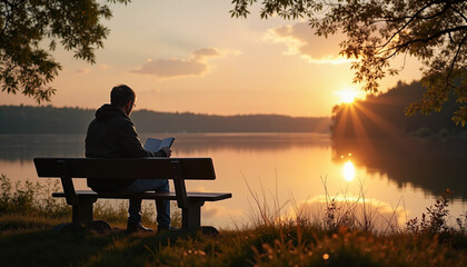 Obraz premium Person reading book on bench at sunset by lake