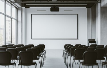 A blank whiteboard positioned in the center of an empty conference room with rows of black chairs, creating a clean and professional atmosphere ideal for presentations or workshops.