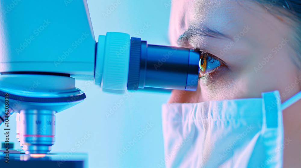 Poster microscope close-up focusing on research and analysis in laboratory environment with healthcare work