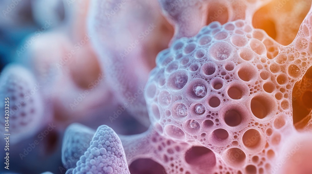 Poster a close-up view of colorful, abstract cellular structures resembling organic forms.