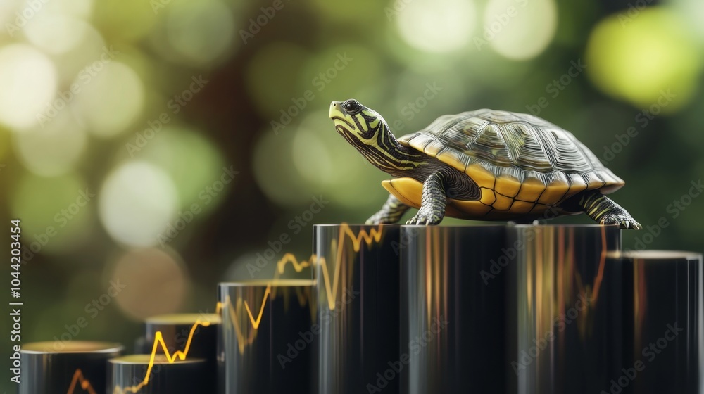 Poster a turtle on a bar graph symbolizing slow and steady growth in business or investments.