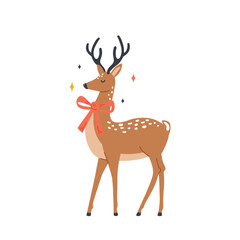 Cute Reindeer with Red Christmas Bow, Animal Illustration in Flat Style