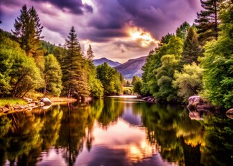 Fototapeta premium Lush Forest River Landscape with Reflective Waters and Majestic Mountains in Low Light Photography