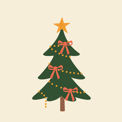 Christmas tree with red ribbon and star. Vector illustration in flat style