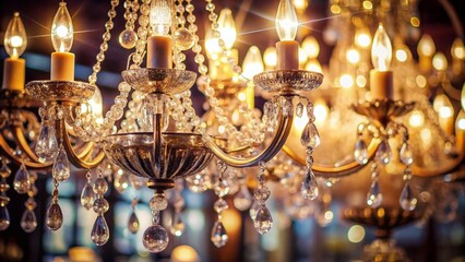 Luxurious Crystal Chandelier with Shimmering Reflection in Vintage Style Photography