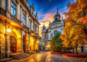 Fototapeta premium Lviv House of Scientists Neo-Baroque Architecture: Arched Passage and Atlases in Autumn Sunlight