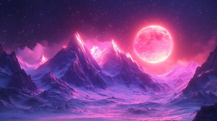 Fototapeta premium Majestic mountain peaks illuminated by ethereal pink neon light glow picture