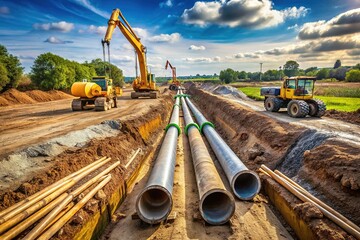 "Panoramic View of Three Large Pipes in Trench for Infrastructure Work"