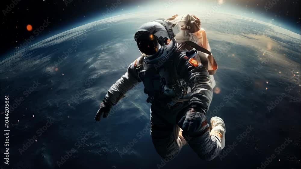 Poster astronaut floating outside a spaceship in outer space. man in protective helmet and suit. cosmos dis
