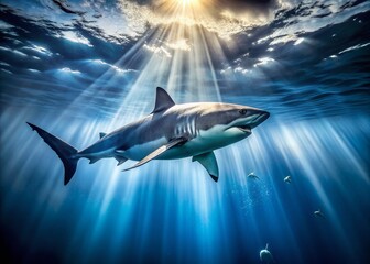 Fototapeta premium Majestic Big Shark Swimming in Deep Blue Ocean Waters - Underwater Adventure Photography