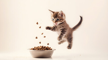 The cat jumps happily for the cat food