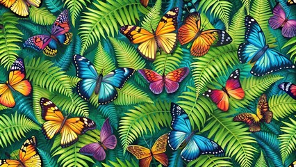 Naklejka premium Seamless texture tile featuring bright butterflies with fern leaves