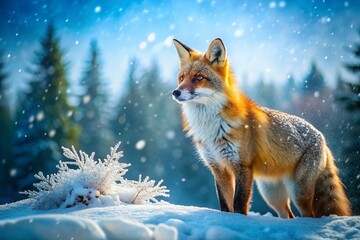 Fototapeta premium Majestic Fox in a Winter Wonderland: A Stunning Snowy Landscape Scene with Vibrant Colors and Detailed Fur for