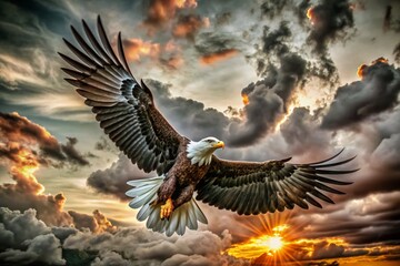 Naklejka premium Majestic Flaming Eagle in High Dynamic Range Gliding Through Vibrant Sunset Sky for Nature and Wildlife Enthusiasts