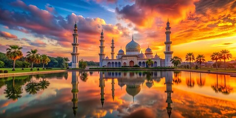 Obraz premium Majestic Mosque at Sunset - A Stunning Islamic Architectural Marvel in Landscape Photography
