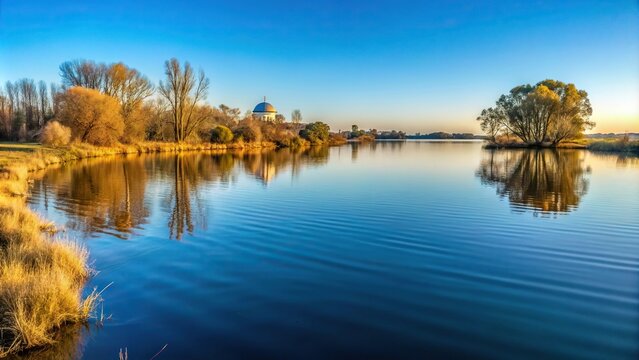 Scenic winter landscape of Vaal River with small ripples and snow-capped Dome Bergland banks