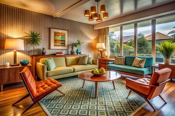 Mid Century Modern Living Room with Vibrant Colors and Retro Furniture in a High Dynamic Range Style