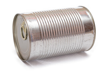 Round Unopened Tin Can Isolated on White Background. Canned Food. Aluminum Can for Safe and Long Term Storage of Food. Steel Sealed Food Storage Container - Isolation