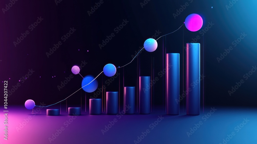 Poster a vibrant graph with ascending bars and spheres, symbolizing growth and data analysis.