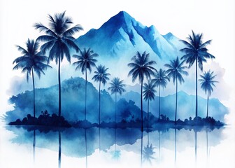 Minimalist Blue Watercolor Double Exposure of Palm Trees and Mountains for Tranquil Home Decor