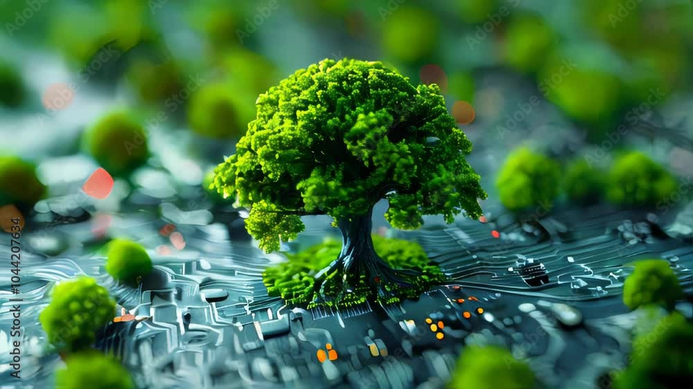 Poster green natural eco-friendly tree and computer technology on an abstract high-tech futuristic backgrou