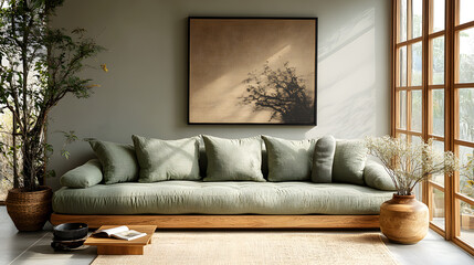 Haven of Serenity: Minimalist Japandi Living Room in Olive Green and Beige