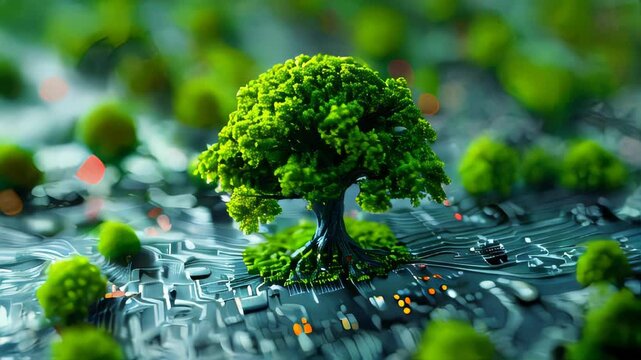 Green natural eco-friendly tree and computer technology on an abstract high-tech futuristic background of microchips and computer circuit boards with transistors