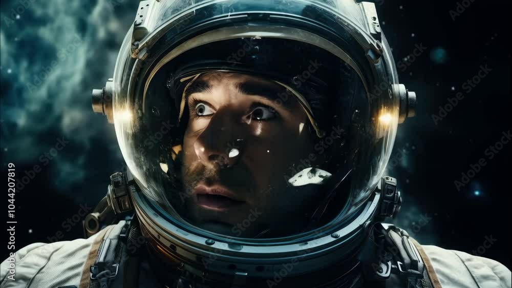 Poster astronaut floating outside a spaceship in outer space. man in protective helmet and suit. cosmos dis