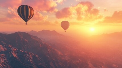 Obraz premium Hot air balloons soaring over mountains during a vibrant sunset.