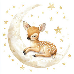 A baby deer sitting peacefully on the moon, surrounded by soft glowing stars, on an isolated white background. Watercolor handdrawn illustration, ideal for cards and invitations.