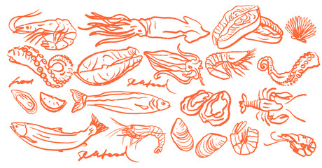 Hand drawn isolated line vector set of seafood. Shrimps, langoustines, prawns, salmon, trout, oysters, mussels, squid, crab. Food vintage illustration and template on white background. Restaurant menu