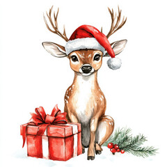 A cheerful deer in a Santa hat, sitting with a Christmas gift, watercolor handpainted illustration on an isolated white background. Perfect for holiday designs.