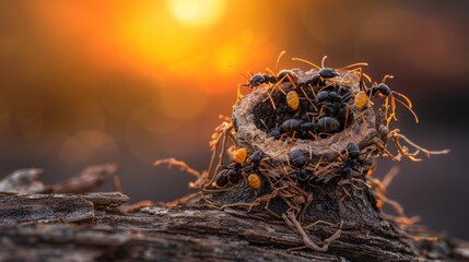 Black Carpenter Ant Colony Building Nest in Dead Tree Stump